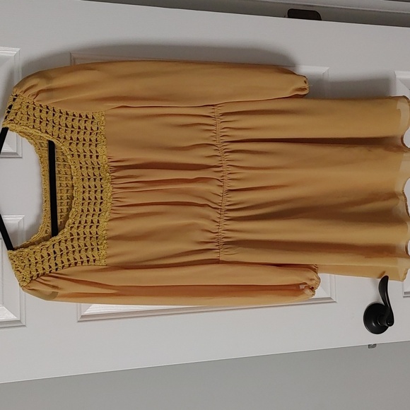 Entro Mustard Long Sleeve Lined Mini Dress Women's LG Peasant Boho Crochet - Picture 2 of 6